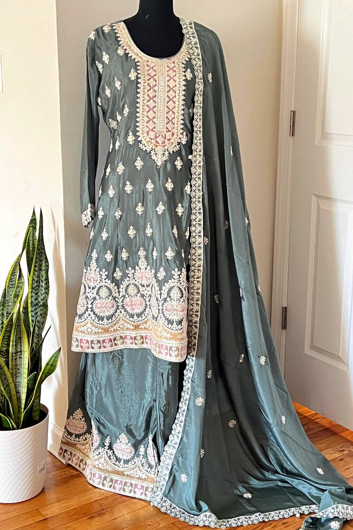 Sharara suit with Embroidered Palazzo Pant And Dupatta - Wedding Eid Party Outfit- Designer Gift Salwar Suit- Indian Dress - Pakistani Dress