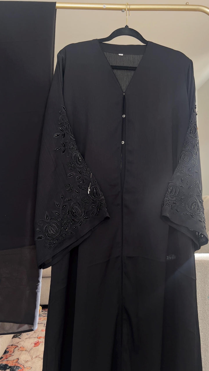 Black Embroidered Dubai Abaya – Handcrafted Open Abaya with Beaded Sleeves & Matching Hijab- High Quality - Perfect Eid Gift - Prayer Dress