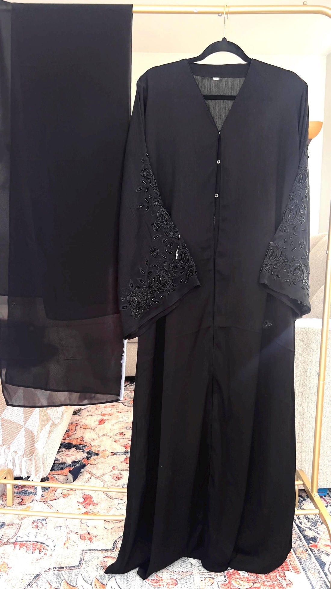 Black Embroidered Dubai Abaya – Handcrafted Open Abaya with Beaded Sleeves & Matching Hijab- High Quality - Perfect Eid Gift - Prayer Dress