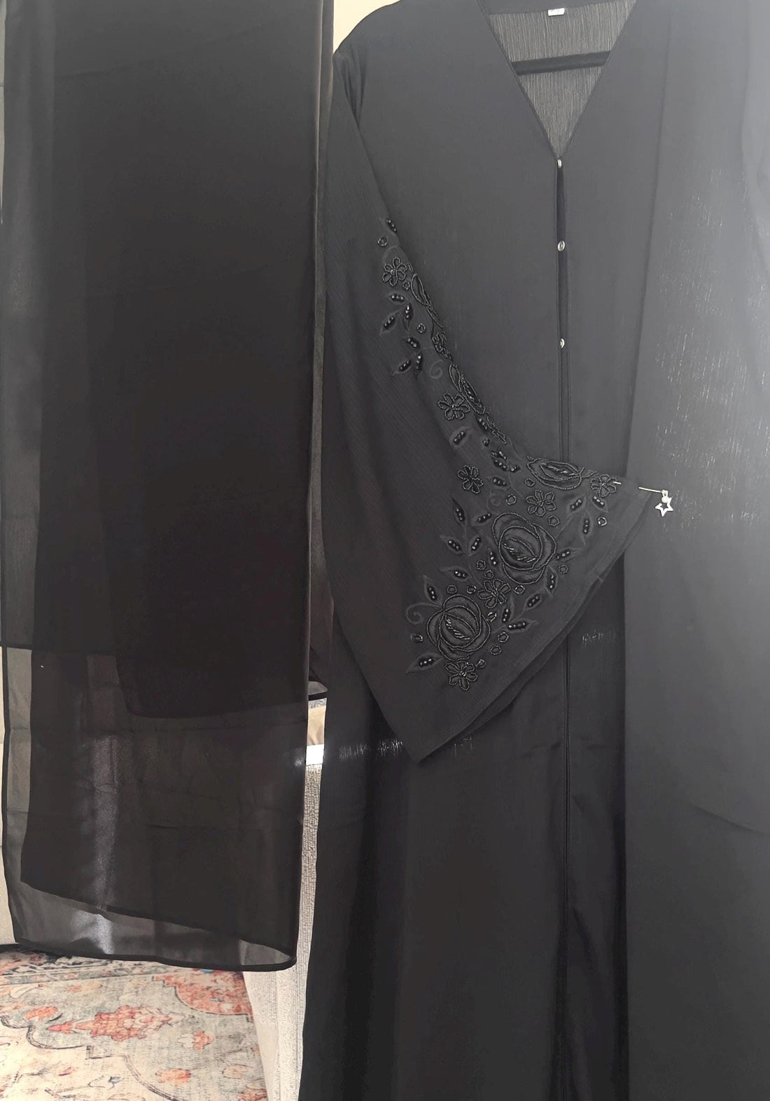 Black Embroidered Dubai Abaya – Handcrafted Open Abaya with Beaded Sleeves & Matching Hijab- High Quality - Perfect Eid Gift - Prayer Dress