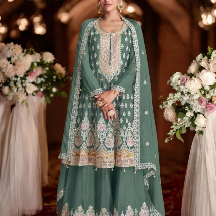 Sharara suit with Embroidered Palazzo Pant And Dupatta - Wedding Eid Party Outfit- Designer Gift Salwar Suit- Indian Dress - Pakistani Dress