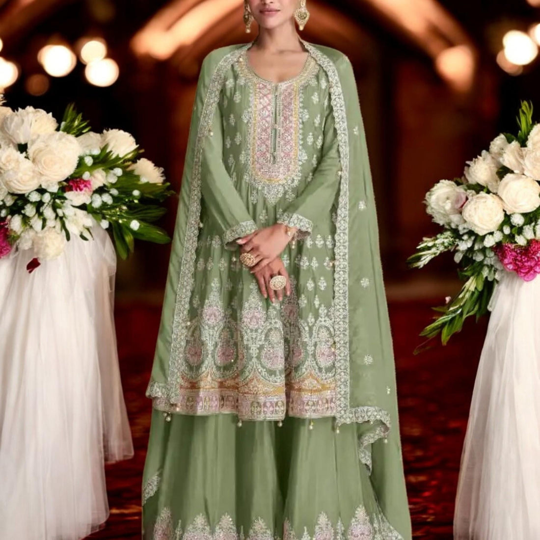 Sharara suit with Embroidered Palazzo Pant And Dupatta - Wedding Eid Party Outfit- Designer Gift Salwar Suit- Indian Dress - Pakistani Dress