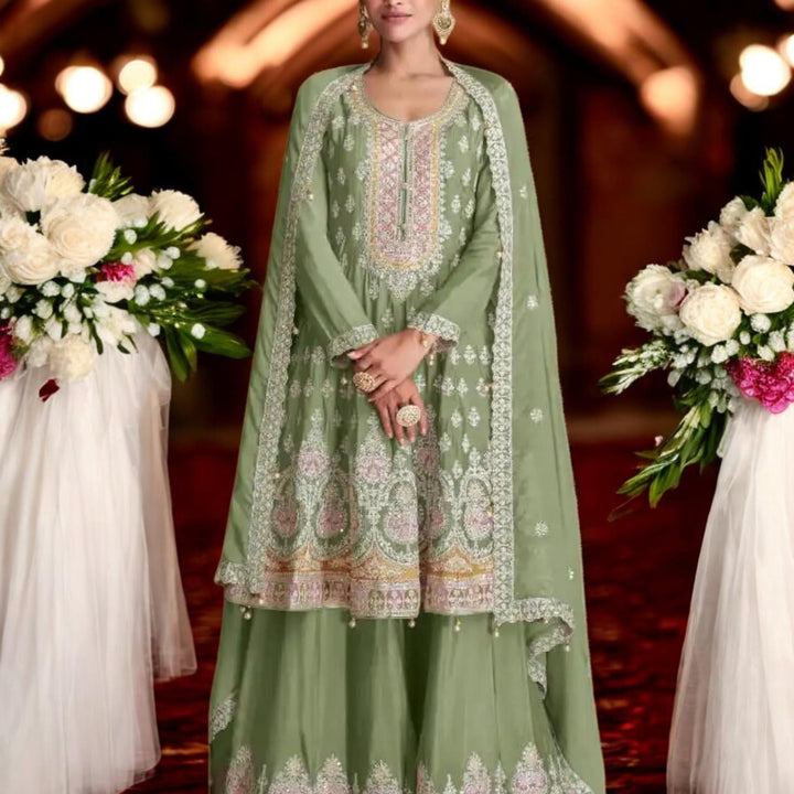 Sharara suit with Embroidered Palazzo Pant And Dupatta - Wedding Eid Party Outfit- Designer Gift Salwar Suit- Indian Dress - Pakistani Dress