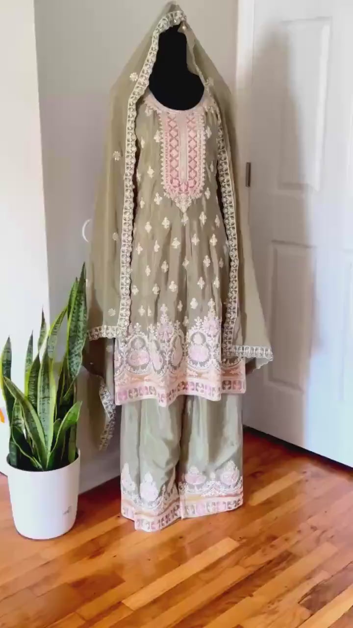Sharara suit with Embroidered Palazzo Pant And Dupatta - Wedding Eid Party Outfit- Designer Gift Salwar Suit- Indian Dress - Pakistani Dress