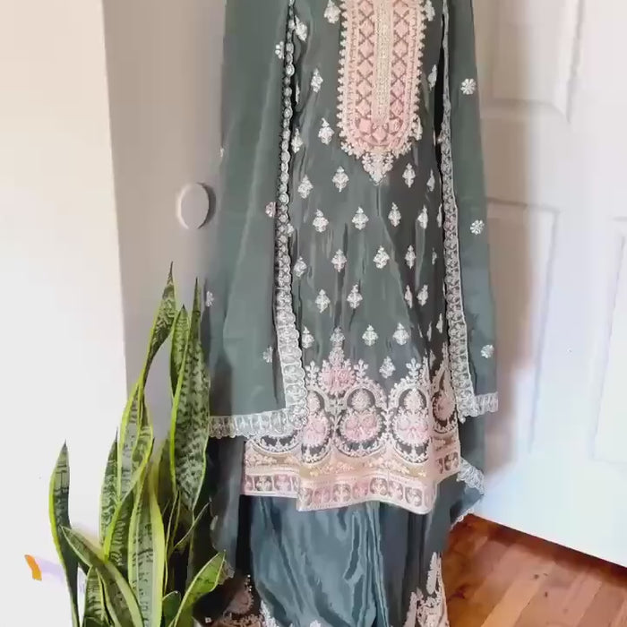 Sharara suit with Embroidered Palazzo Pant And Dupatta - Wedding Eid Party Outfit- Designer Gift Salwar Suit- Indian Dress - Pakistani Dress
