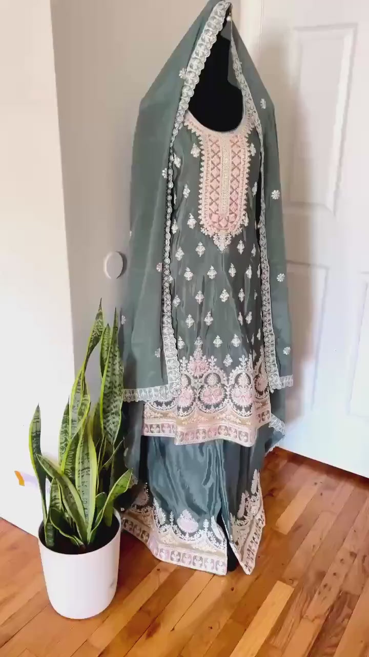 Sharara suit with Embroidered Palazzo Pant And Dupatta - Wedding Eid Party Outfit- Designer Gift Salwar Suit- Indian Dress - Pakistani Dress