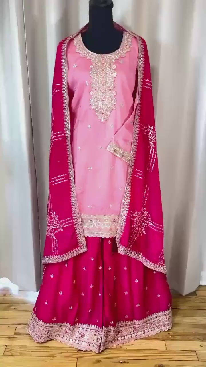 Sharara suit, party wear designer salwar kameez, Heavy embroidery work,ready dress, Eid gift, Pakistani dress, Indian dress, pink dress