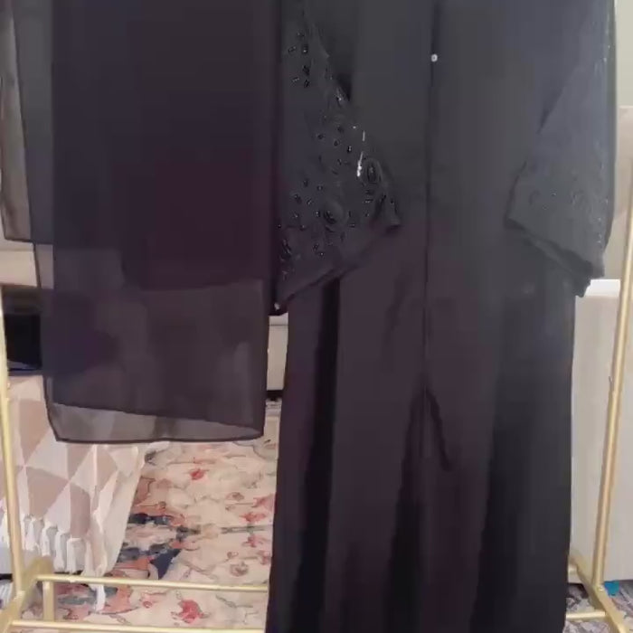 Black Embroidered Dubai Abaya – Handcrafted Open Abaya with Beaded Sleeves & Matching Hijab- High Quality - Perfect Eid Gift - Prayer Dress