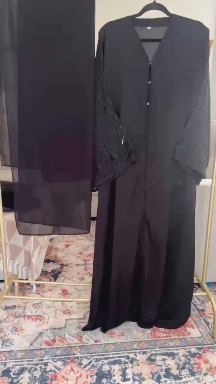 Black Embroidered Dubai Abaya – Handcrafted Open Abaya with Beaded Sleeves & Matching Hijab- High Quality - Perfect Eid Gift - Prayer Dress